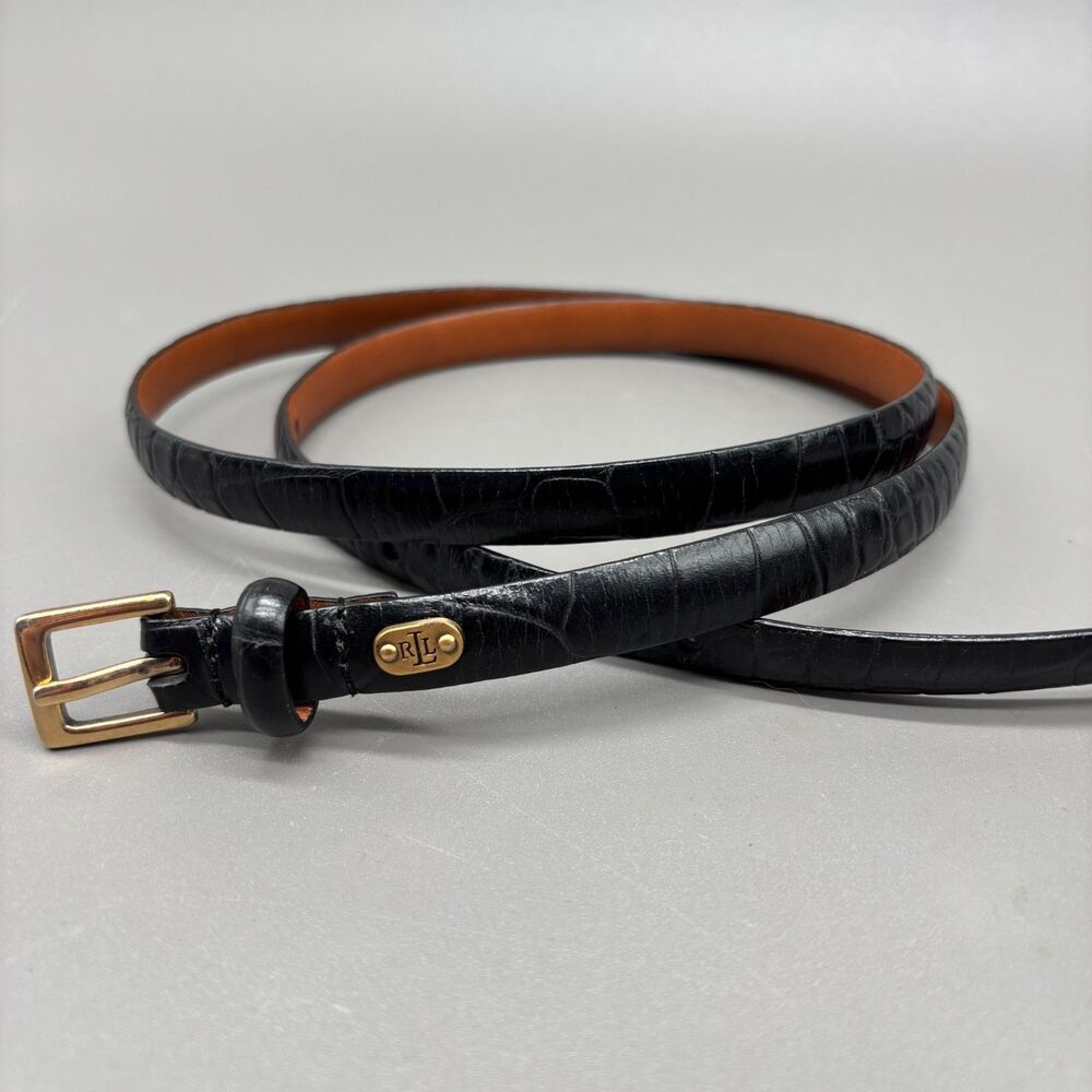 Skinny Leather Belt Ralph Lauren LRL Black Croc Embossed Brass 1/2" Size M
